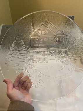 Embossed Clear Glass Holiday Charger with Winter House Scene